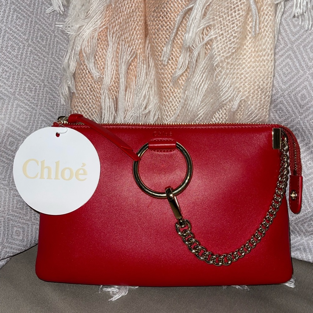 NWT Chloe Faye Soft Leather Crossbody Clutch in Red